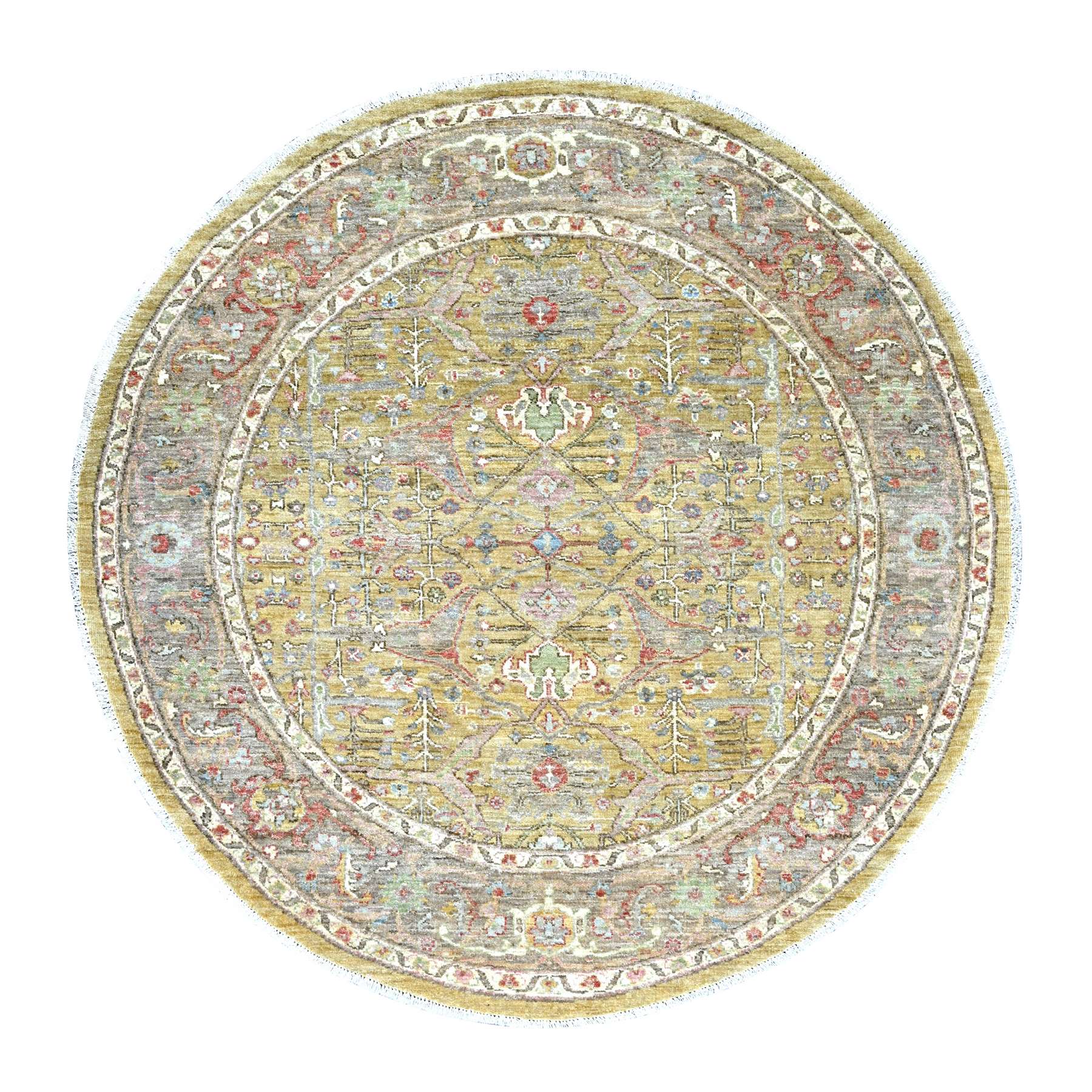 6'x6' Golden Yellow, Peshawar with Bijar Garus Design, Hand Knotted, High Mountain Wool, Densely Woven, Round, Oriental Rug 